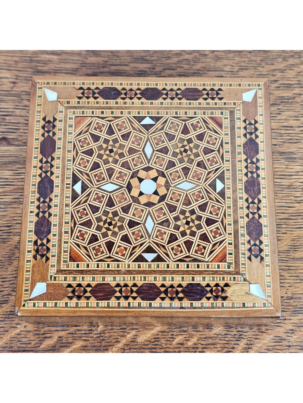 Vintage Damascus Mosaic Wood Jewelry Box Mother of Pearl Inlay 5 Inch - Picture 2 of 14